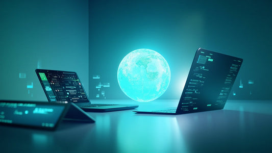 digital workspace with glowing globe and devices showing language and currency icons